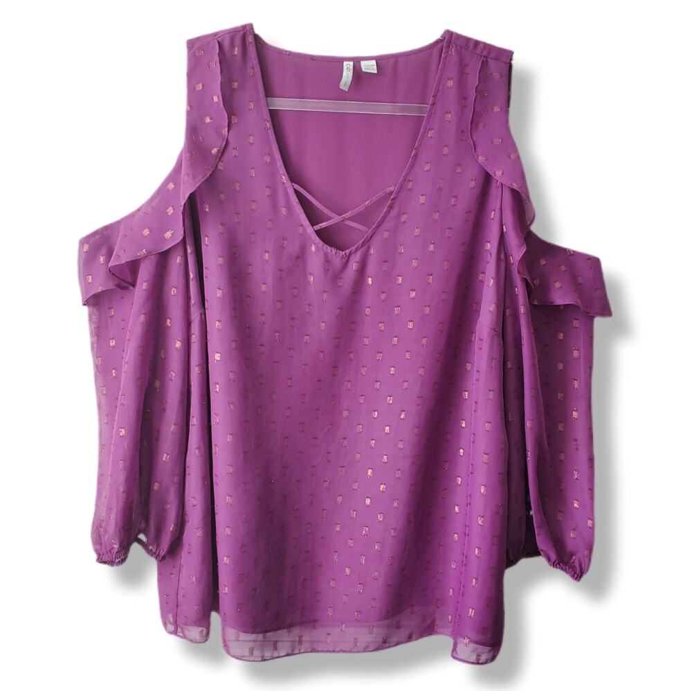 Cato Women Cold Shoulder Purple Clip Dot Blouse Top 2X Cocktail Dressy Elegant